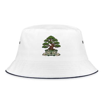 Bonsai Baum Schale Steine Zen Natur Vektor Shirt - Bucket Hat - Weiß/Navy - Vorne