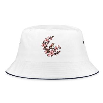 Kirschblüte Vogel Sakura Japan Natur Vektor Shirt - Bucket Hat - Weiß/Navy - Vorne