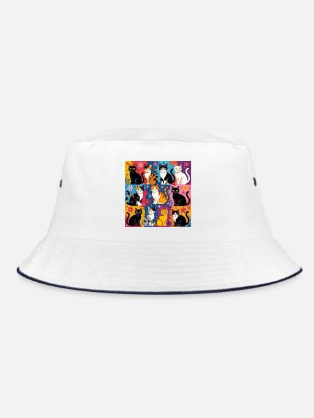 Katzenkunst "Bunt und Floral" - Bucket Hat - Weiß/Navy