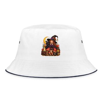 Niedliche Hexe mit schwarzer Katze - Bucket Hat - Weiß/Navy - Vorne