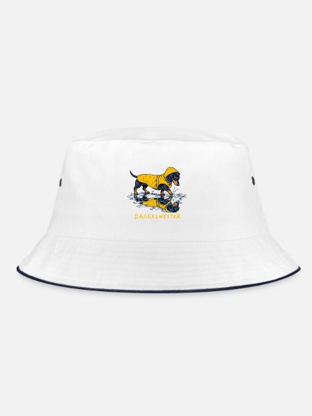 Dackelwetter Dackel in gelbem Regenponcho - Bucket Hat - Weiß/Navy