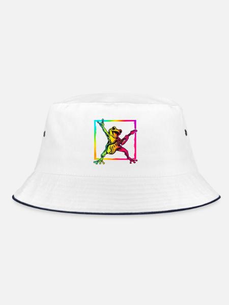 Rockender Frosch mit E-Gitarre – Neon Rock - Bucket Hat - Weiß/Navy