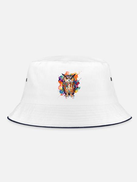 Bunte Aquarell Eule - Bucket Hat - Weiß/Navy