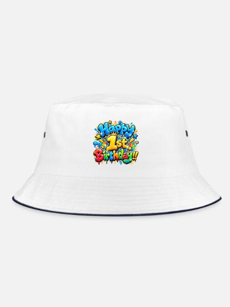 Herzlichen Glückwunsch zum ersten Geburtstag Graffiti-Kinderparty-Shirt - Bucket Hat - Weiß/Navy
