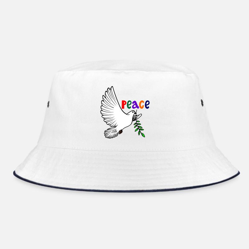 Peace dove white with laurel branch text English PEACE Bucket Hat