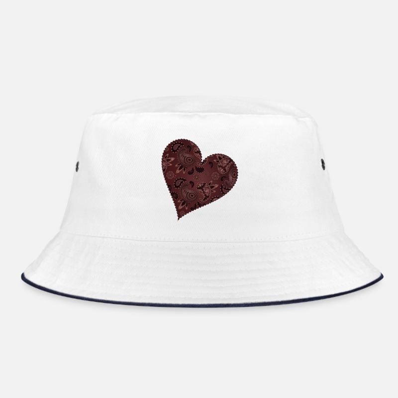 dunkelrotes Herz im Paisley Muster Stil - Bucket Hat - Weiß/Navy