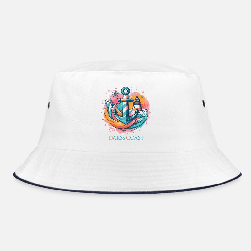 DarssCoast - Wellen Leuchtturm Anker Grafik - Bucket Hat - Weiß/Navy