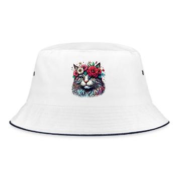 Cat with Flowers - Bucket Hat - white/navy - Front