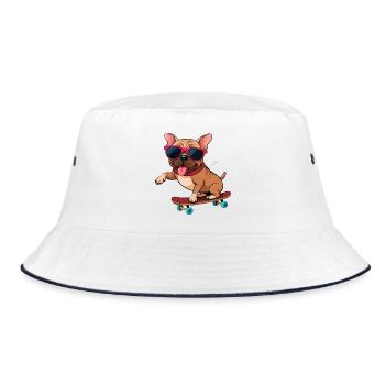 Bulldogge auf einem Brett mit Brille - Bucket Hat - Weiß/Navy - Vorne