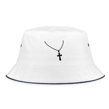 Kette mit Kreuz - Bucket Hat - Weiß/Navy - Vorne