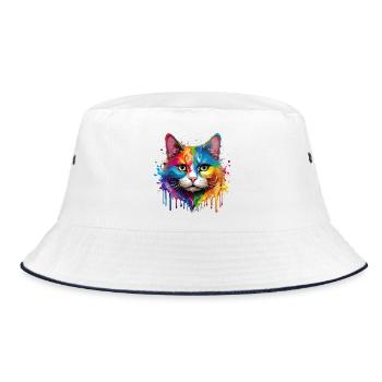 Rainbow Cat Watercolor Portrait - Bucket Hat - white/navy - Front