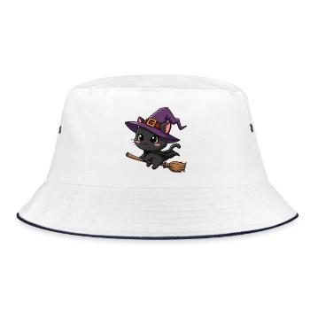 Cute Halloween Witch Cartoon Cat Broom October - Bucket Hat - white/navy - Front