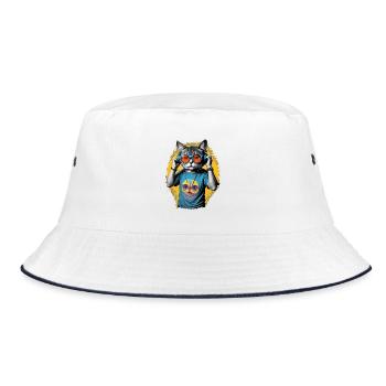 Neon Cat DJ Vibe Tee - Bucket Hat - white/navy - Front