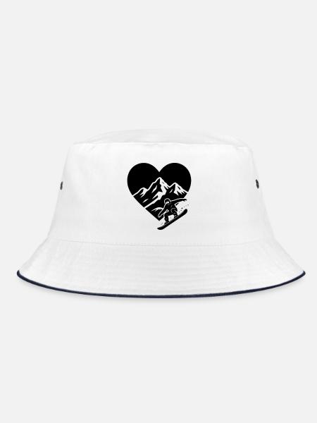 Snowboarder mit Herz Berglandschaft im Hintergrund - Bucket Hat - Weiß/Navy - Vorne