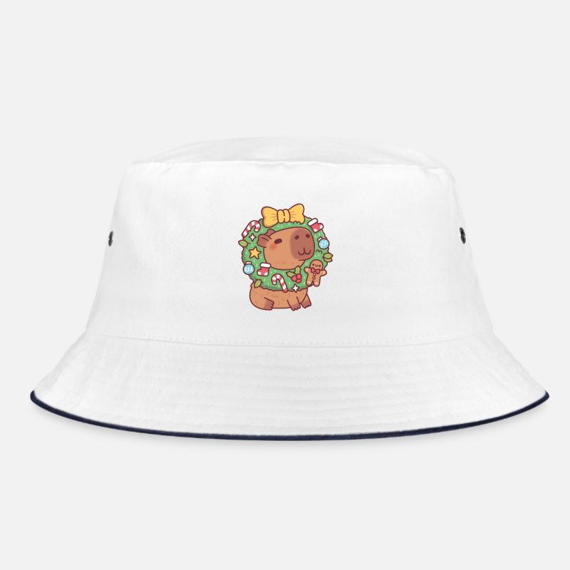 Süßes Capybara mit Weihnachtskranz Lustig - Bucket Hat - Weiß/Navy