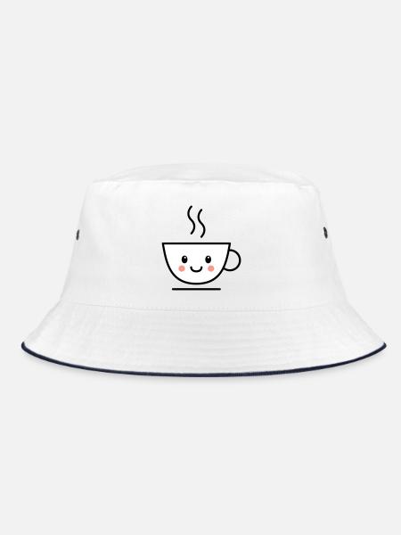 Kaffee, Tee oder Kakao Tasse mit kawaii Gesicht - Bucket Hat - Weiß/Navy - Vorne