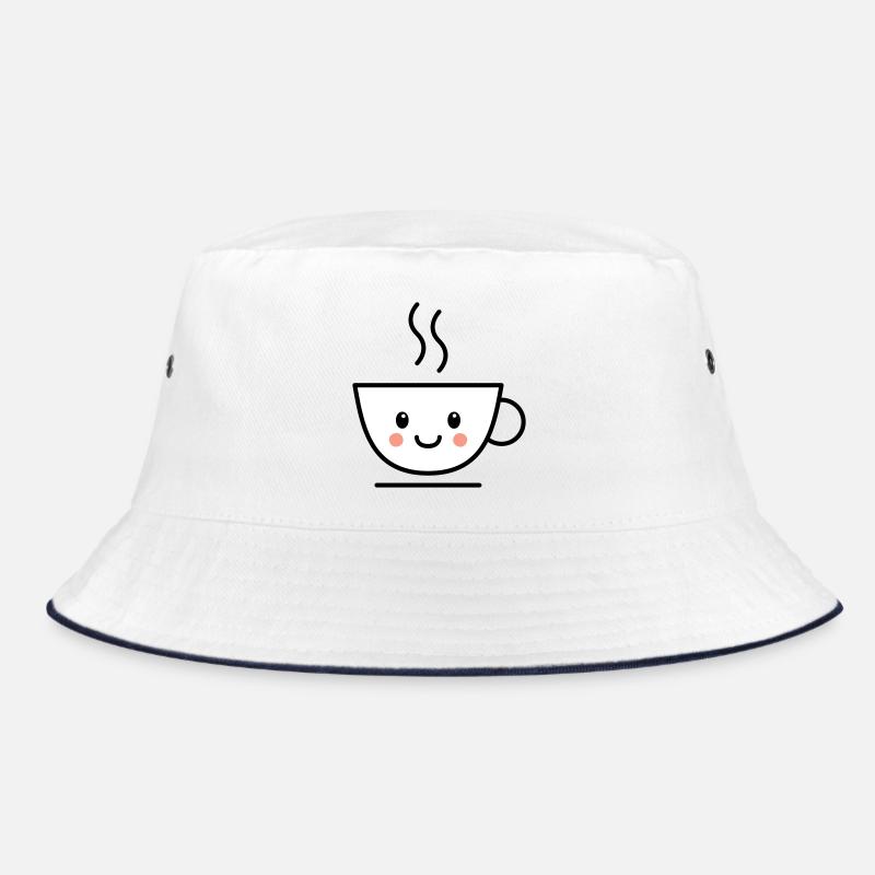 Kaffee, Tee oder Kakao Tasse mit kawaii Gesicht - Bucket Hat - Weiß/Navy