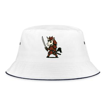 Samurai-Einhornkrieger mit roter Rüstung und Klinge - Bucket Hat - Weiß/Navy - Vorne