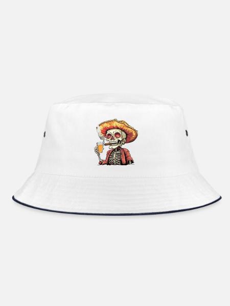Skelett Totenkopf Totenschädel Zigarre Schnaps - Bucket Hat - Weiß/Navy - Vorne