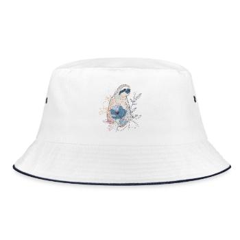 Lineart Faultier mit blauer Blüte – Boho Stil - Bucket Hat - Weiß/Navy - Vorne