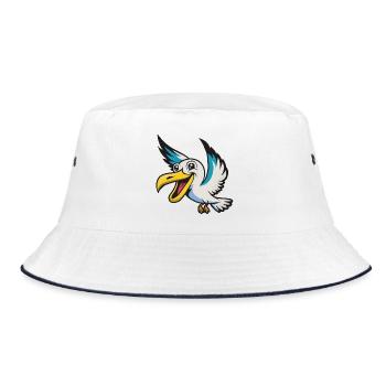 Fröhlicher Pelikan Mascot - Bucket Hat - Weiß/Navy - Vorne