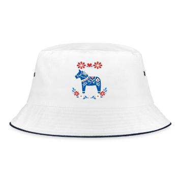 Scandinavian Dala Horse Folk Art Floral Design - Bucket Hat - Weiß/Navy - Vorne