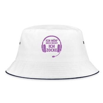 ch hör dich nicht ich zocke – Gamer Spruch - Bucket Hat - Weiß/Navy - Vorne