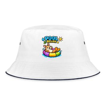 Pool Relax: Fröhlicher Corgi im Schlauchboot - Bucket Hat - Weiß/Navy - Vorne