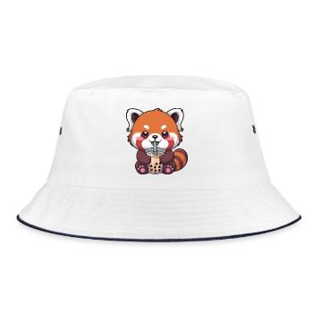 Kawaii Red Panda Drinking Bubble Tea - Bucket Hat - white/navy - Front