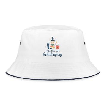 Schulanfang: Lächelnde Schulutensilien - Bucket Hat - Weiß/Navy - Vorne