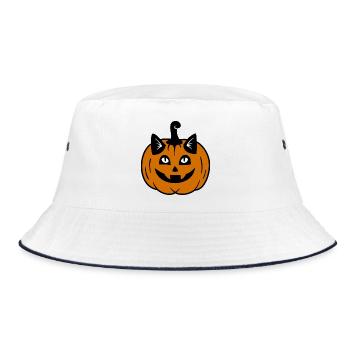Halloween Katze Kürbiskopf - Bucket Hat - Weiß/Navy - Vorne