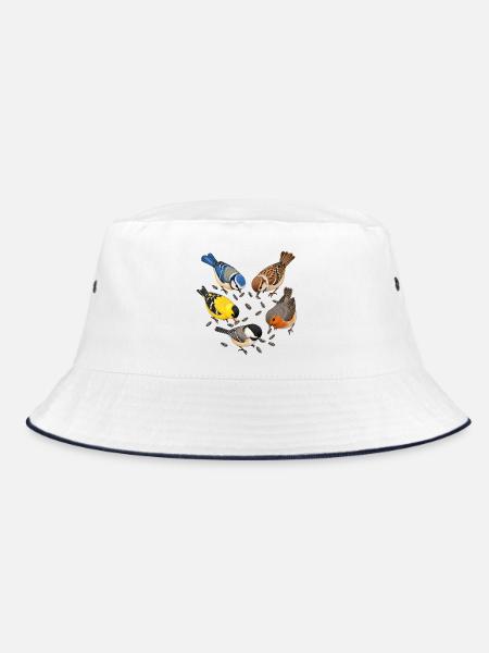 Gartenvögel mit Sonnenblumenkernen - Bucket Hat - Weiß/Navy