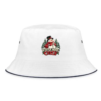 Wintermodus: Gemütlich – Schneemann mit Tasse - Bucket Hat - Weiß/Navy - Vorne