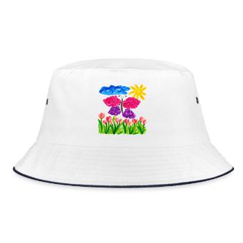 Farbenfroher Schmetterlingsgarten – Sonnenschein & Tulpen - Bucket Hat - Weiß/Navy - Vorne
