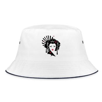 Geisha mit Kopfhörer - Bucket Hat - Weiß/Navy - Vorne