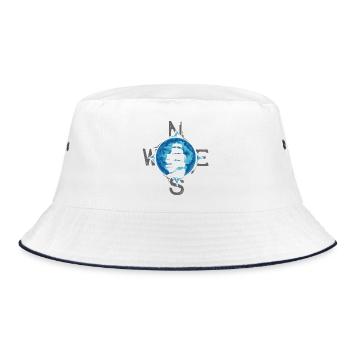 Segelschiff Kompass Illustration Meer Mond blau - Bucket Hat - Weiß/Navy - Vorne