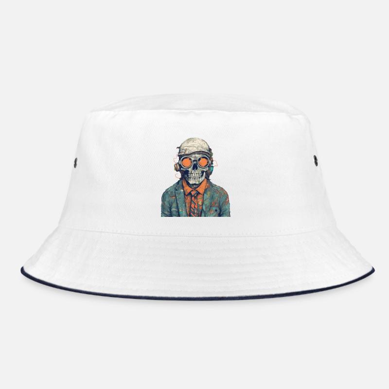 Cool skeleton portrait with sunglasses, cap - Bucket Hat - white/navy