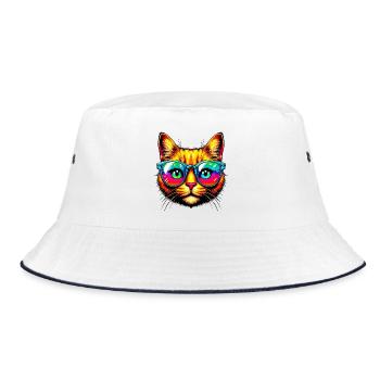 Kater mit Sonnenbrille - Bucket Hat - Weiß/Navy - Vorne