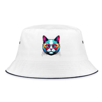 Kater mit Sonnenbrille - Bucket Hat - Weiß/Navy - Vorne