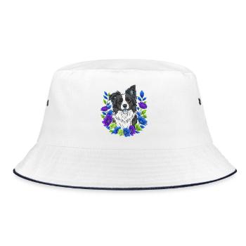 Joyful Border Collie Portrait with Floral Accents - Bucket Hat - white/navy - Front