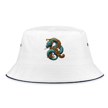 Drache um den Buchstaben R verziert - Bucket Hat - Weiß/Navy - Vorne