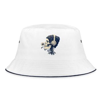 Schädel mit Kopfhörer und Blumen - Bucket Hat - Weiß/Navy - Vorne