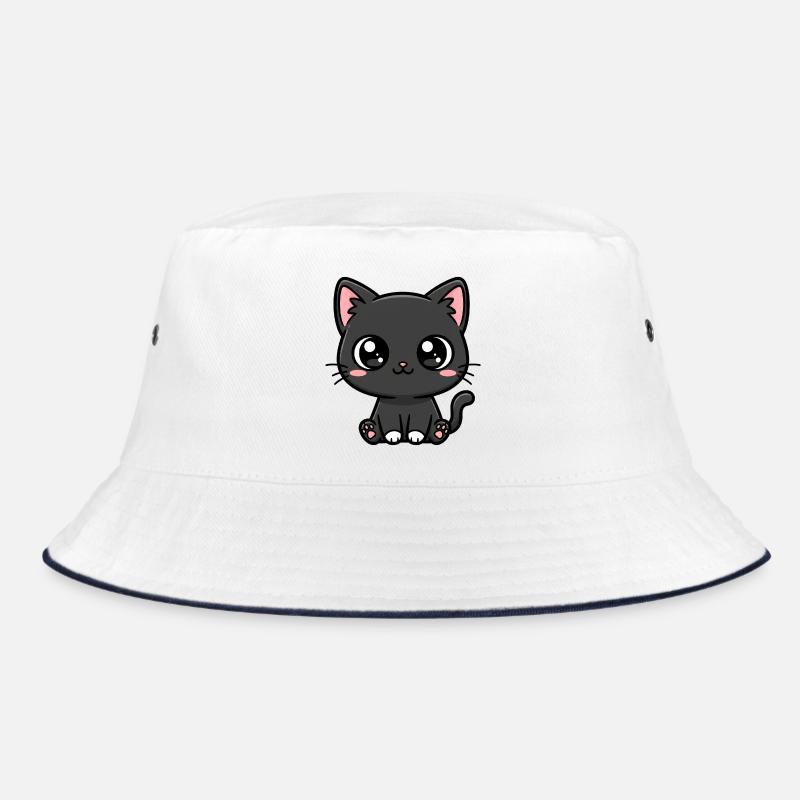 Mitternachtskätzchen-Kawaii-Maskottchen - Bucket Hat - Weiß/Navy