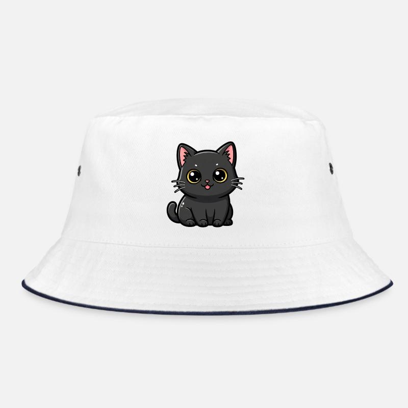 Kawaii Schwarzer Katzen-Anhänger - Bucket Hat - Weiß/Navy