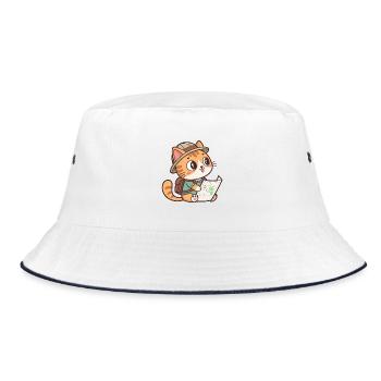 Katzenentdecker und Karte - Bucket Hat - Weiß/Navy - Vorne