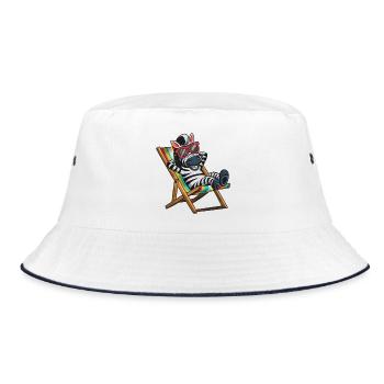 Zebra relaxed im Liegestuhl mit bunten Streifen - Bucket Hat - Weiß/Navy - Vorne