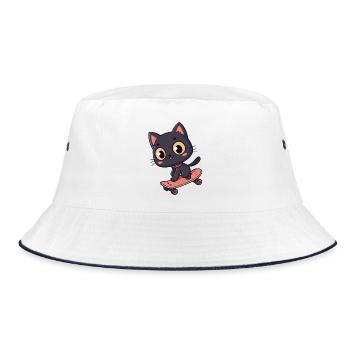 Black Cat on Cartoon Skateboard - Bucket Hat - white/navy - Front