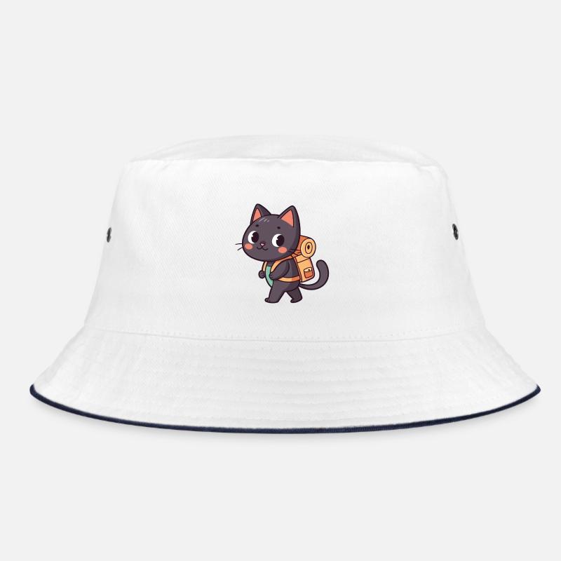 Explorer Cat with Orange Backpack - Bucket Hat - white/navy