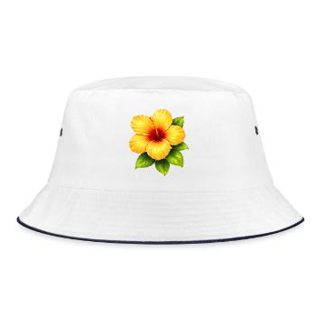 Gelber Hibiskus mit grünen Blättern  - Bucket Hat - Weiß/Navy - Vorne