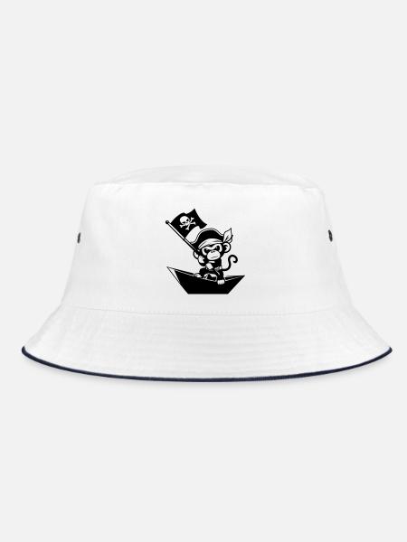 Pirat Affe im Papierboot - Bucket Hat - Weiß/Navy - Vorne